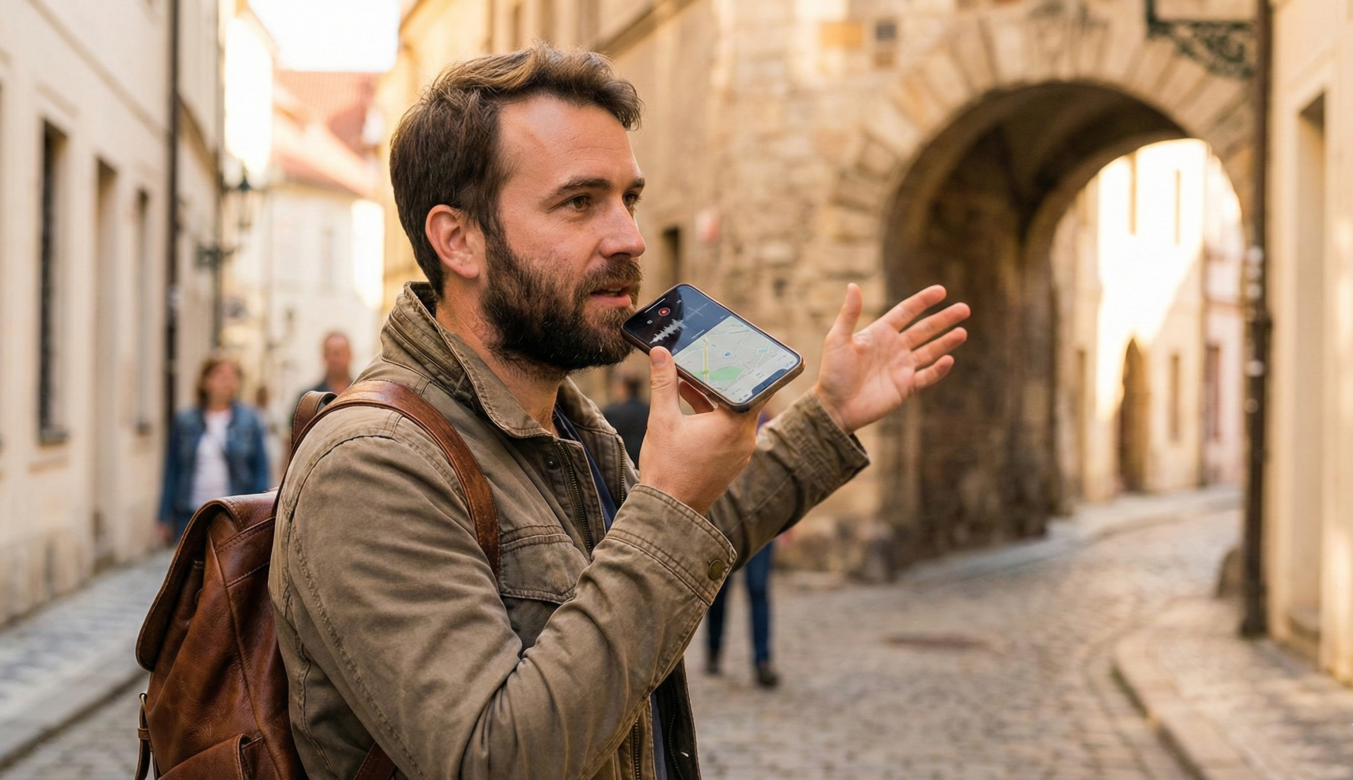 A tour guide confidently explaining something to a group of engaged tourists.