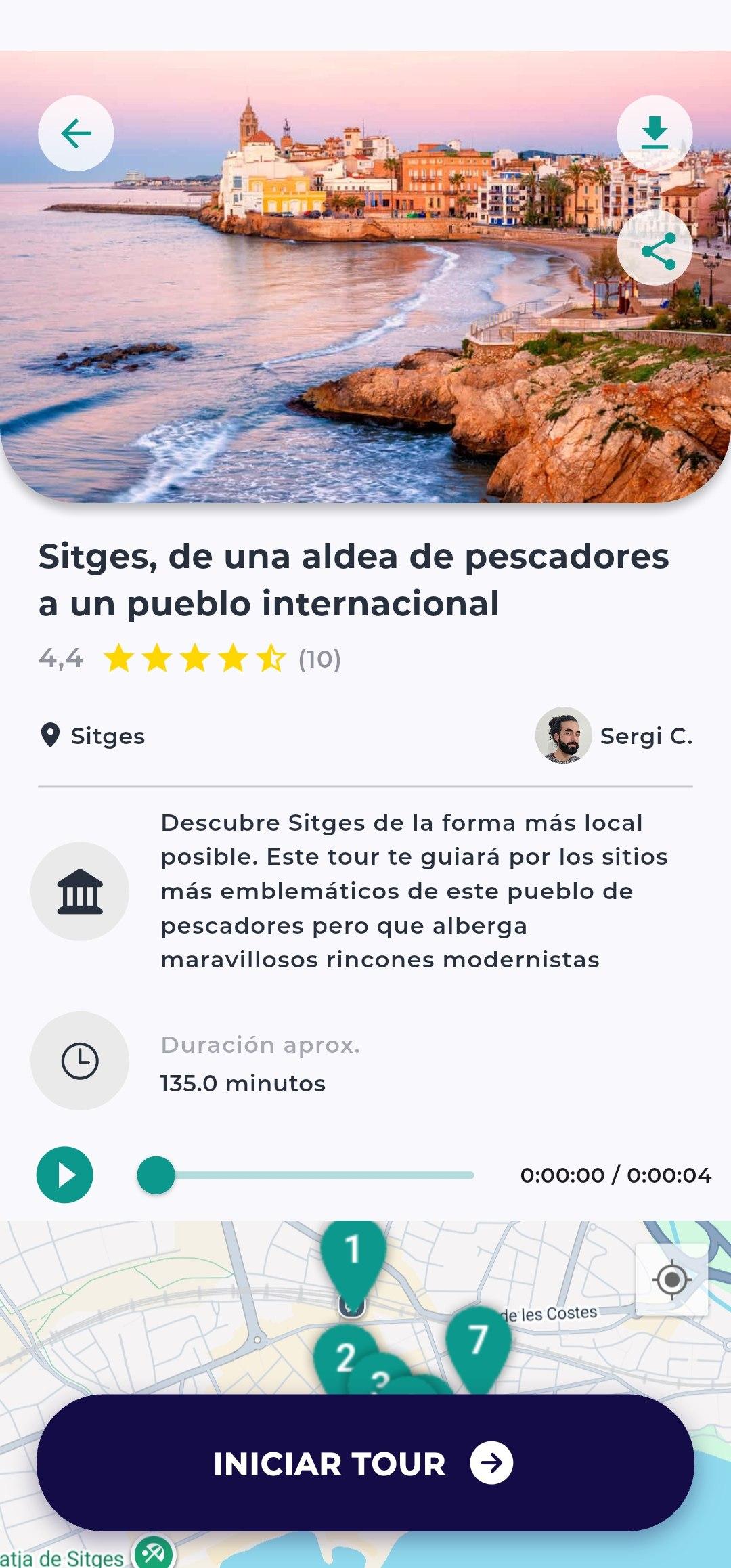 A screenshot of the RoamWithMe app showing the map view of a tour.