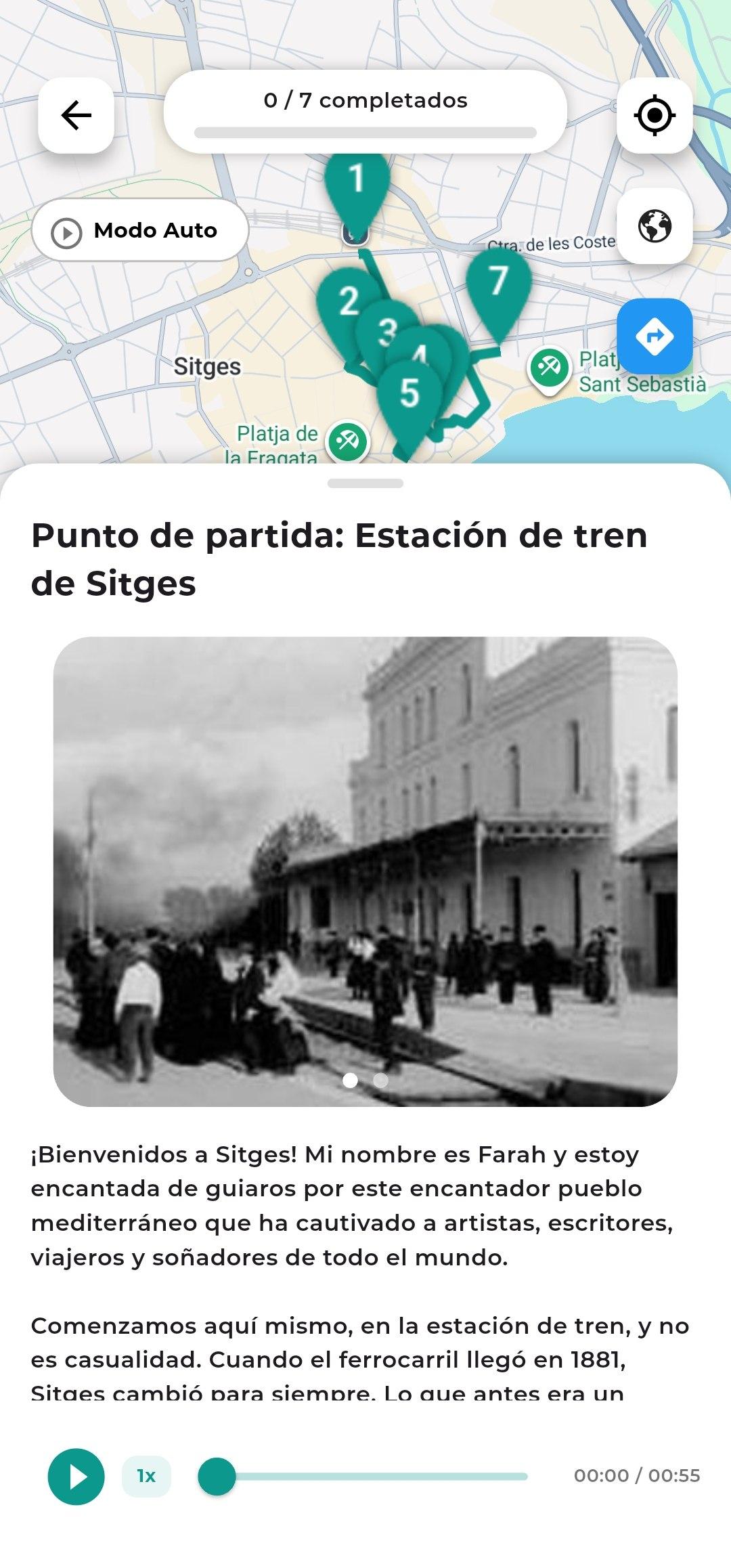 A screenshot of the RoamWithMe app showing the audio player for a point of interest.