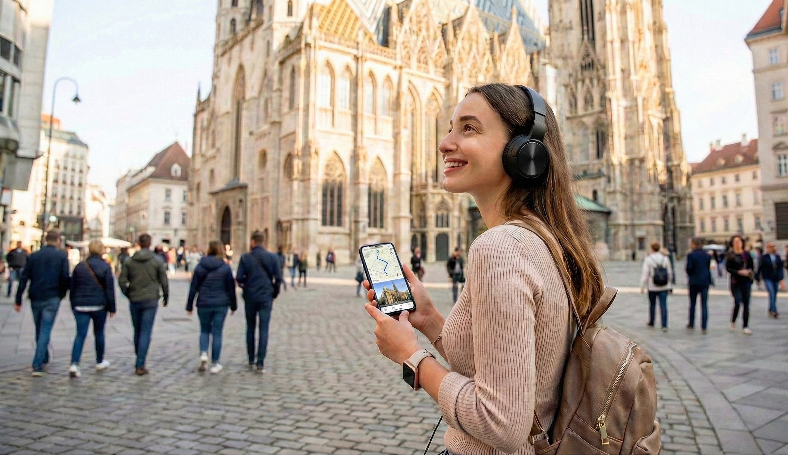 A happy tourist using her phone and headphones to follow a guided audio tour in a city.
